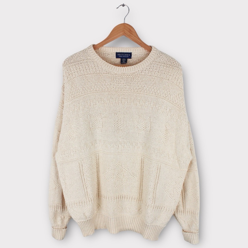 Vintage Britches 90s Cream Cotton Open Knit Sweater Men's XXL USA